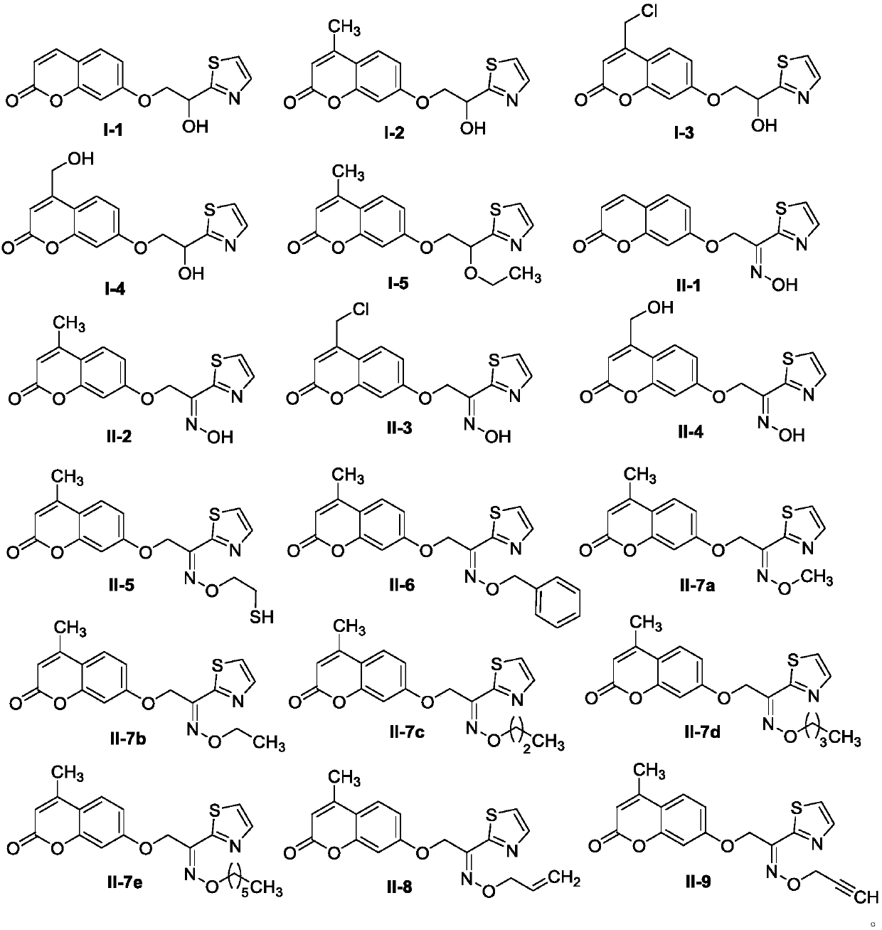 Ethoxy bridged thiazole coumarin compounds and preparation method and application thereof