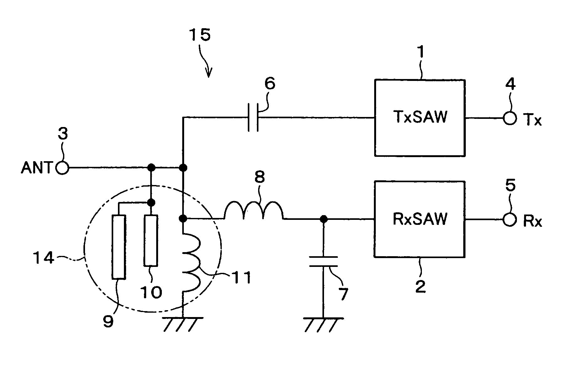 Duplexer and communication apparatus with a matching circuit including a trap circuit for harmonic suppression