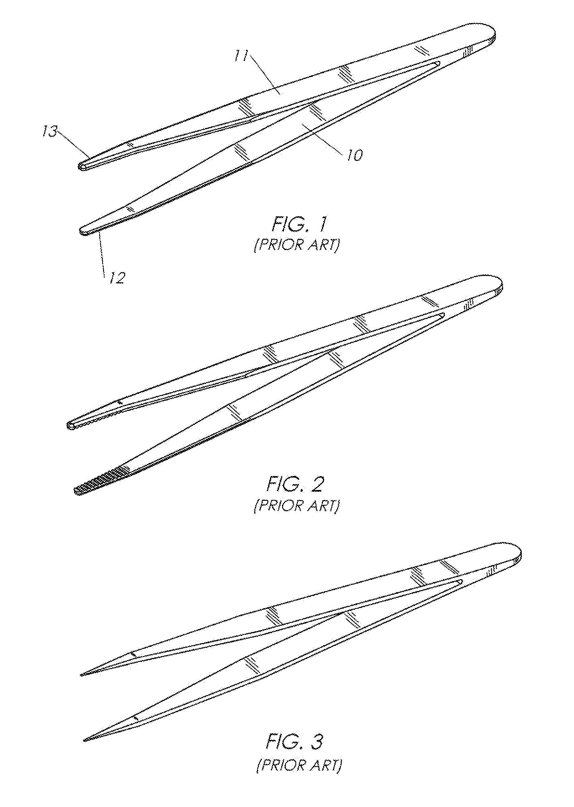 Tweezer Device Incorporating Improved Gripping Tip Structures, and Method of using