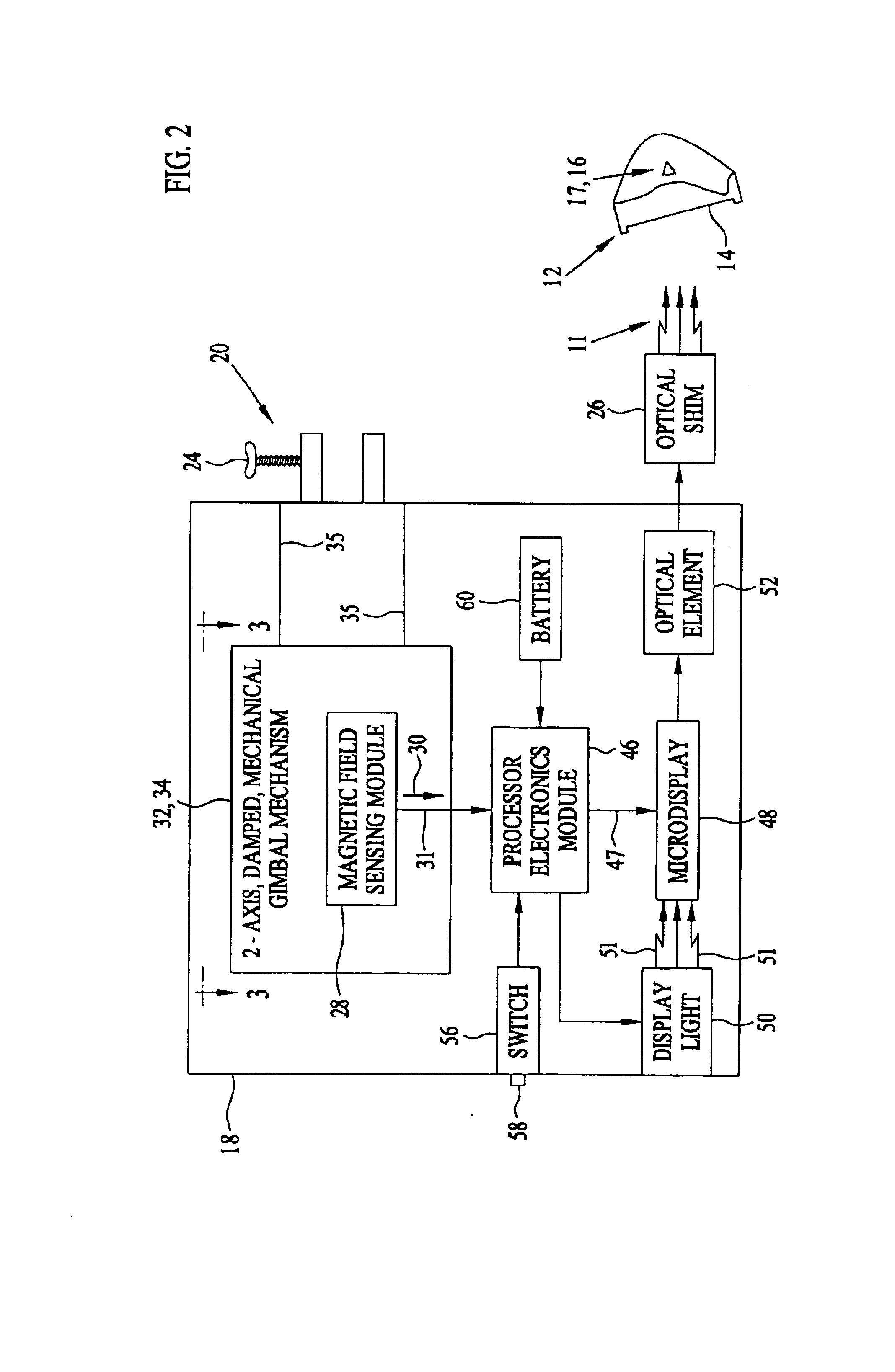 Small head-mounted compass system with optical display