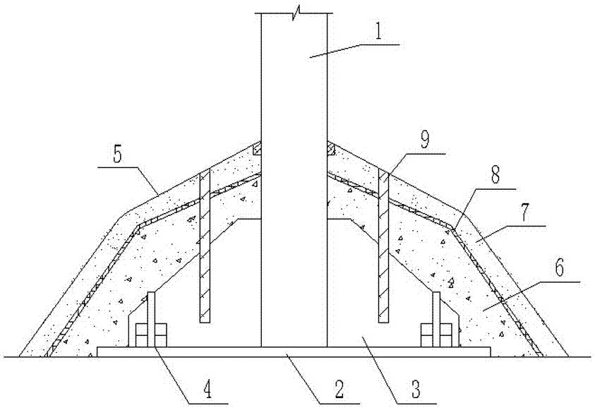 A protection device for the foot of a steel structure high-post lamp post and a manufacturing method thereof