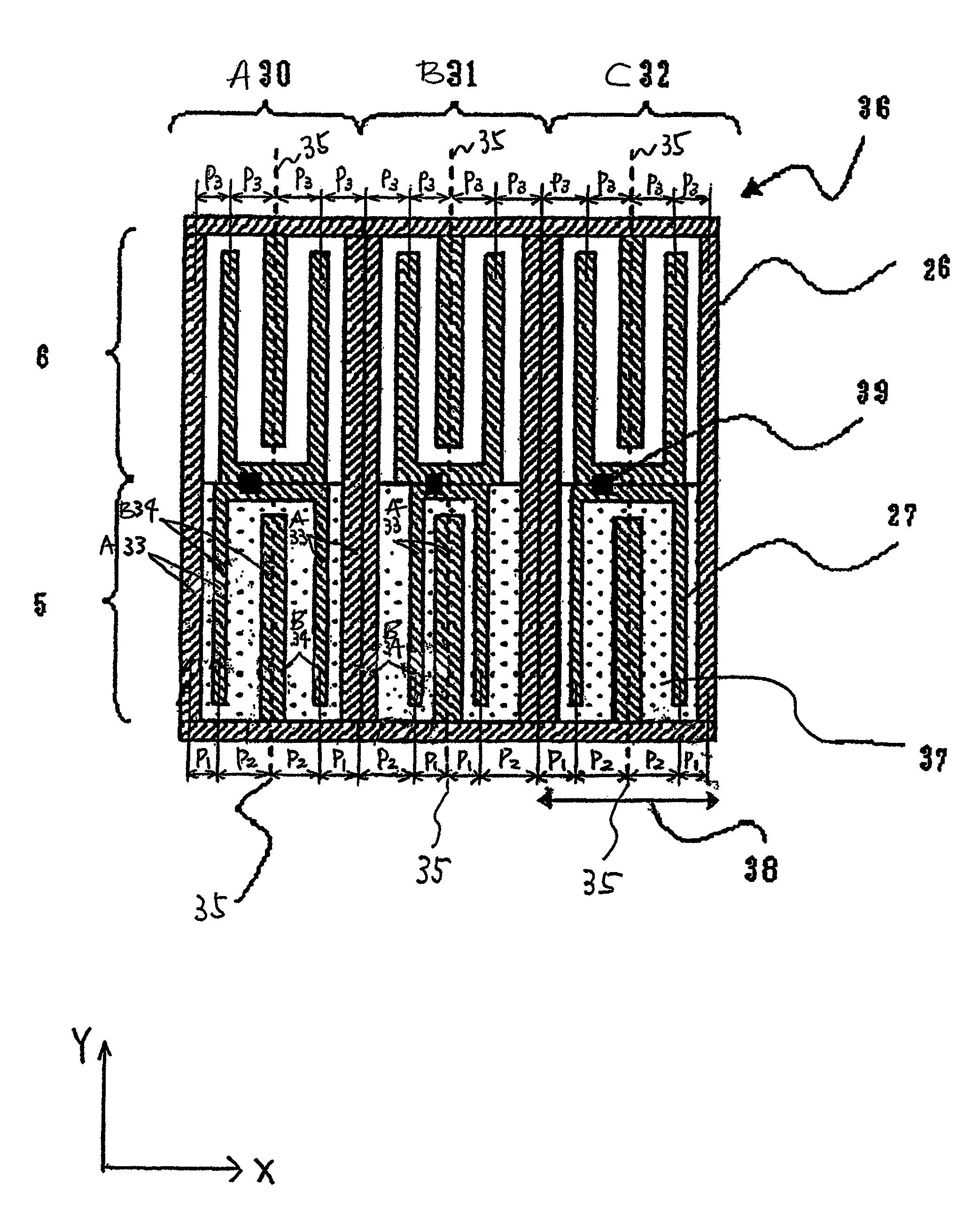 Liquid crystal display device comprising periodically changed permutations of at least two types of electrode-pattern pairs