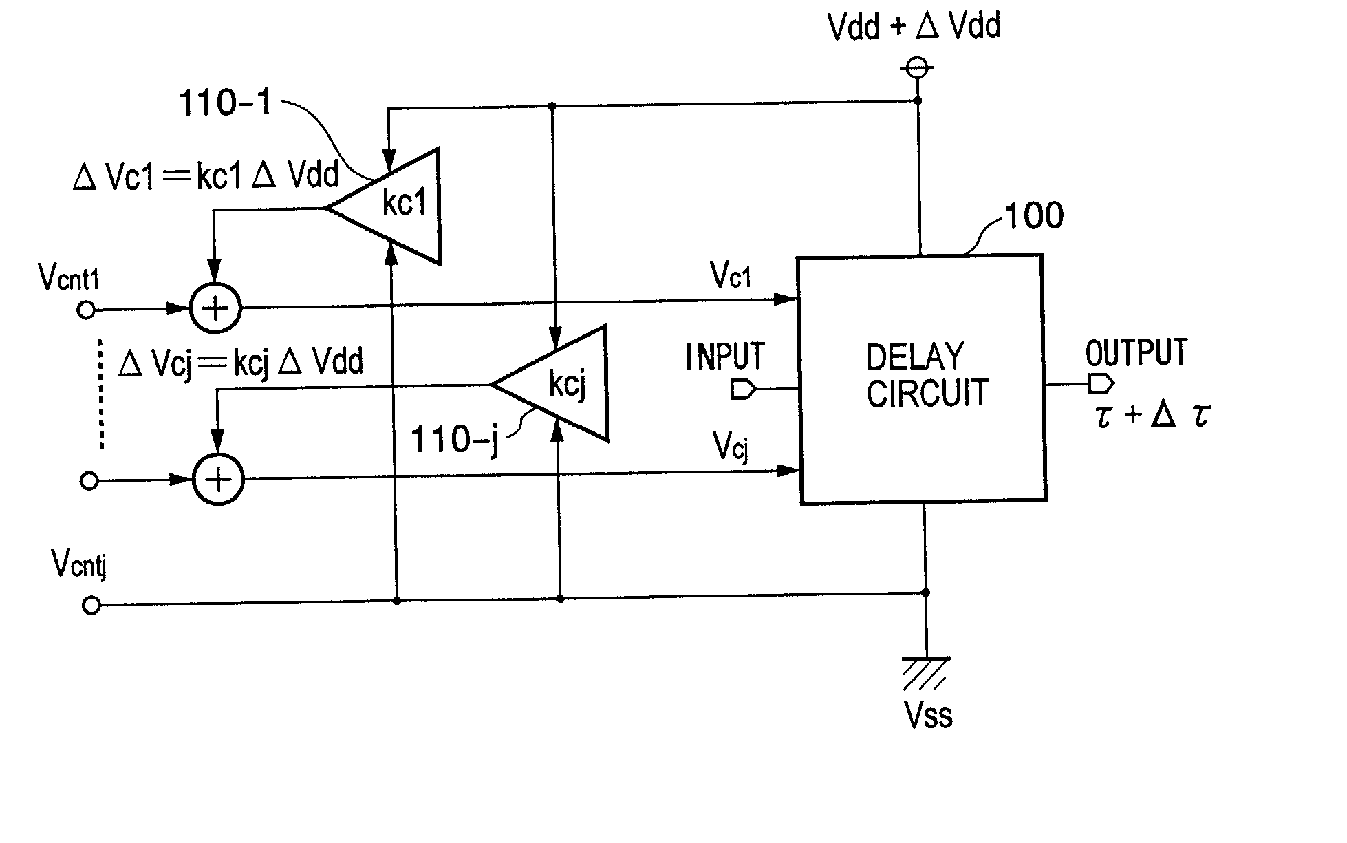 Delay circuit, voltage-controlled delay circuit, voltage-controlled oscillation circuit, delay adjustment circuit, DLL circuit, and PLL circuit