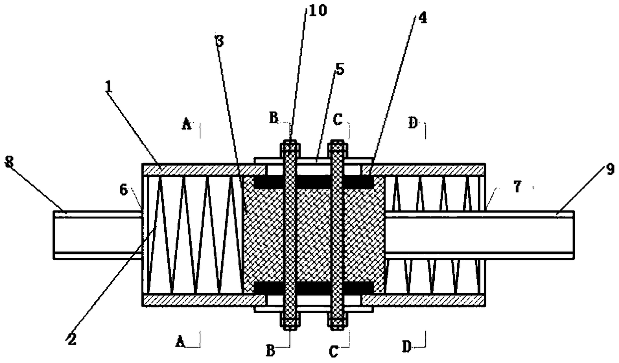 A self-resetting energy-dissipating support of a piston-type filling compression spring