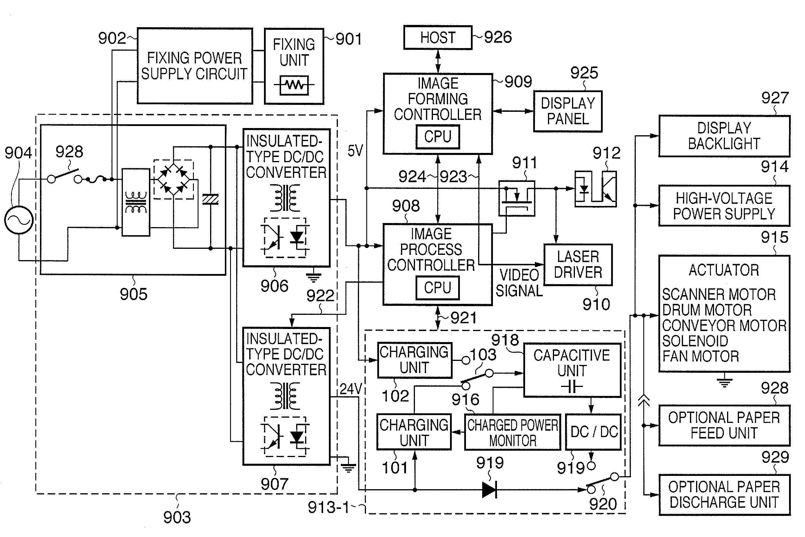 Image forming apparatus and method with charge switching to effect power supply control