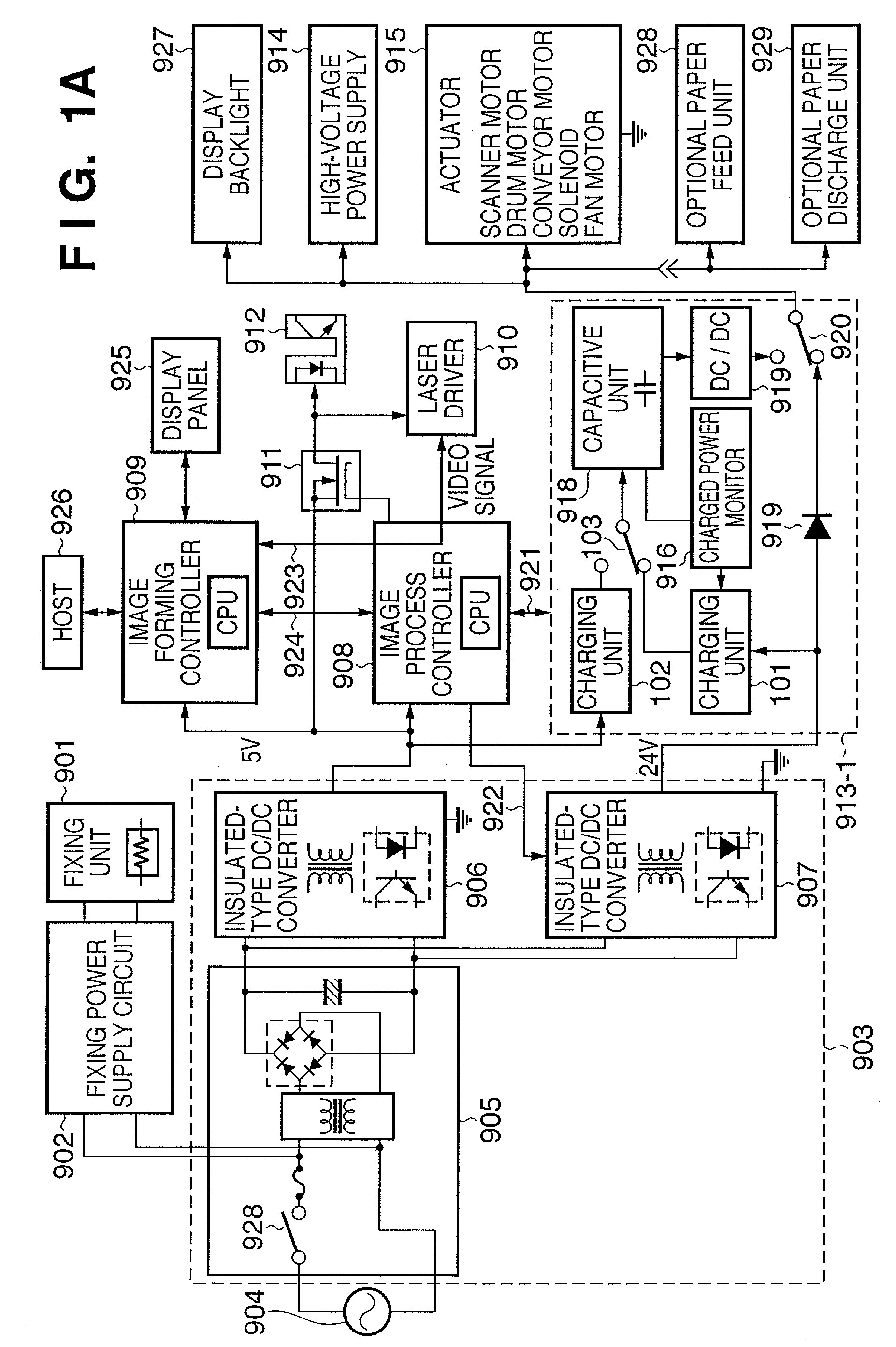 Image forming apparatus and method with charge switching to effect power supply control