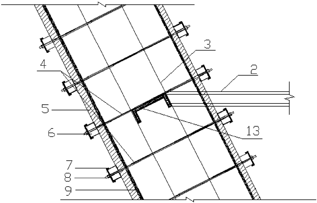 A combination support reinforcement system and installation and construction method of stiff concrete inclined wall formwork