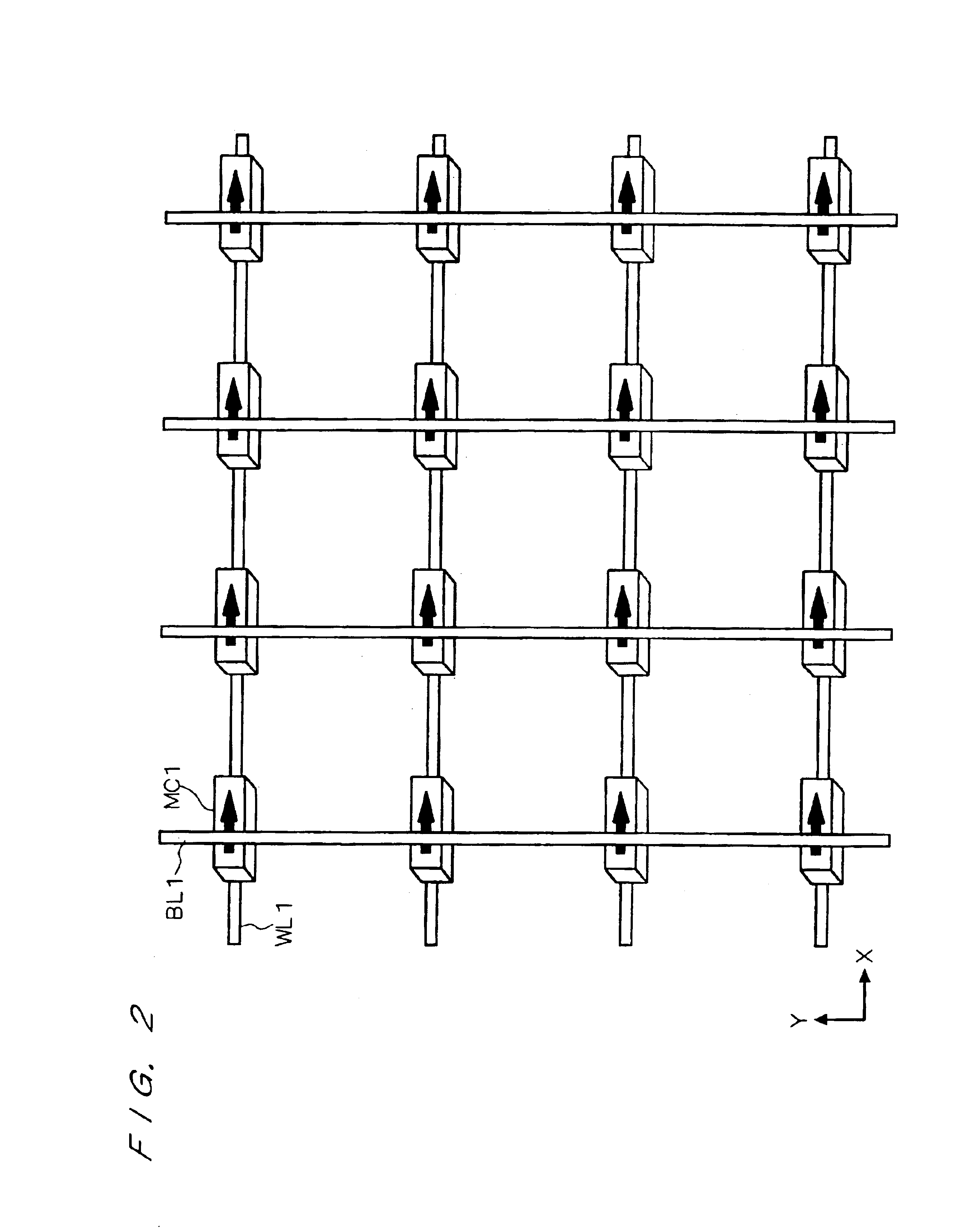 Magnetic memory device capable of passing bidirectional currents through the bit lines