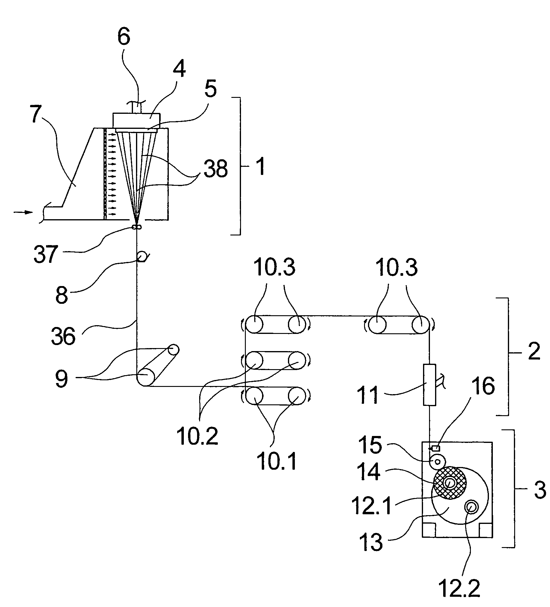 Method and device for melt spinning, treating and coiling synthetic filament