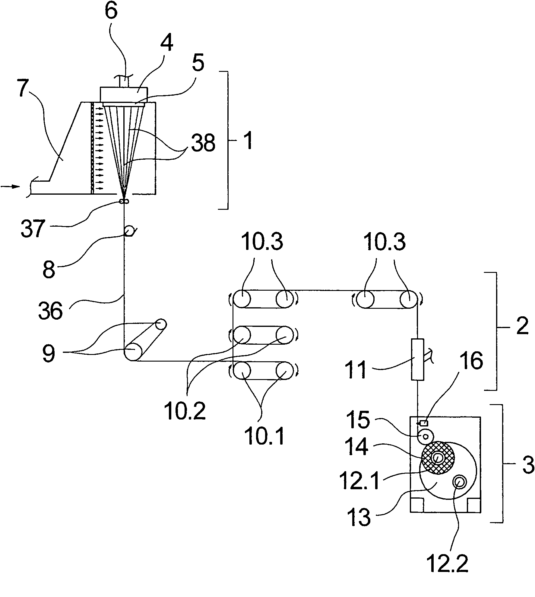 Method and device for melt spinning, treating and coiling synthetic filament