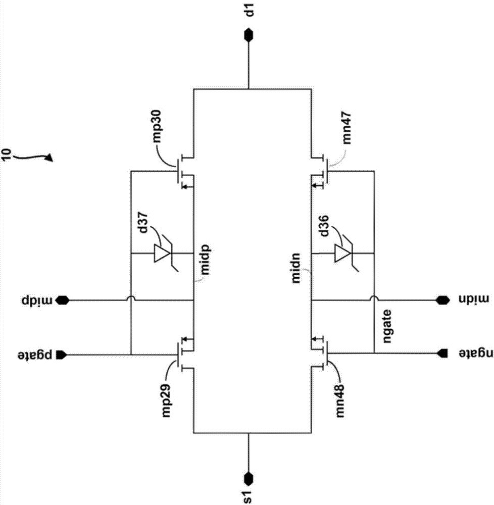 Bi-directional switch using series connected N-type MOS devices in parallel with series connected P-type MOS devices