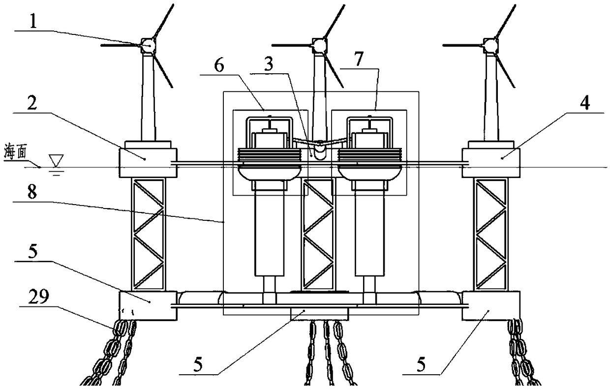 Offshore pitching and heaving coupling type wave energy and wind energy integrated power generation device