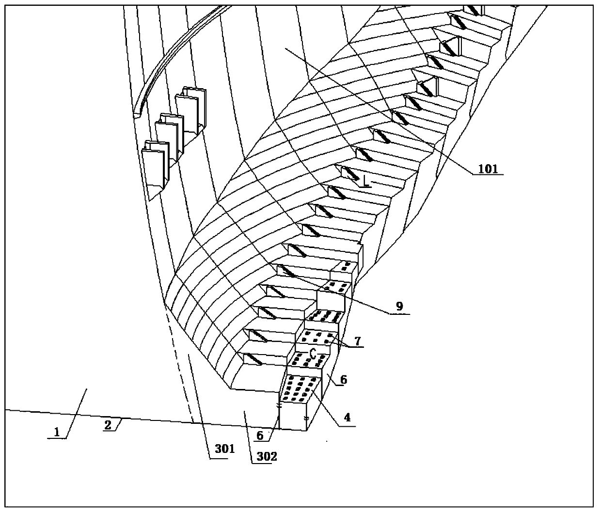 Dam toe transition structure suitable for arch dam on complex rock stratum