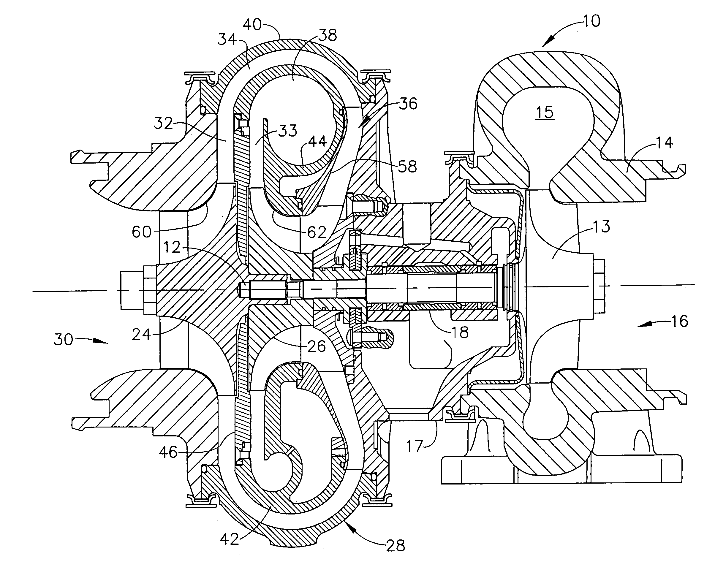 Turbocharger having two-stage compressor with boreless first-stage impeller