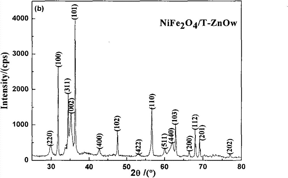 Quadrilateral zinc oxide/ nickel ferrite material and preparation method thereof