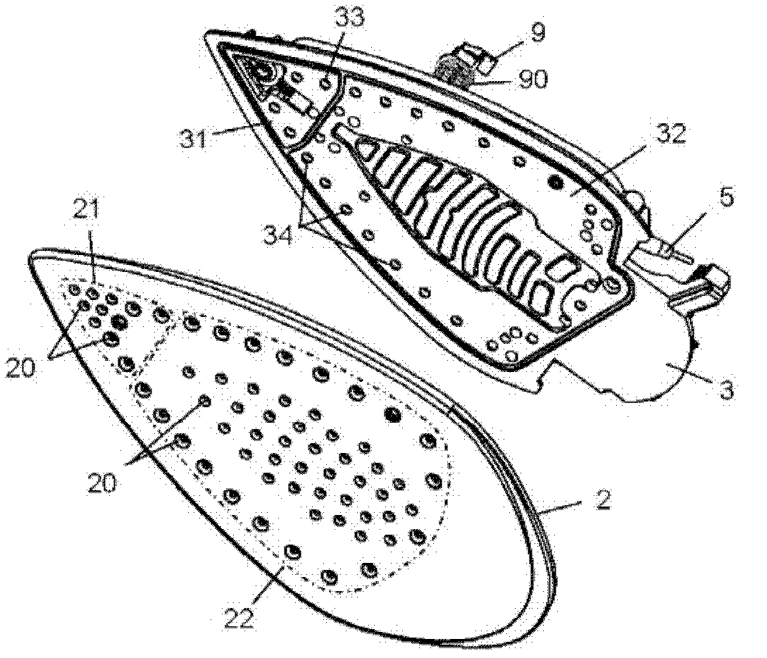 Steam iron comprising a soleplate including at least one first group and one second group of steam outlet holes