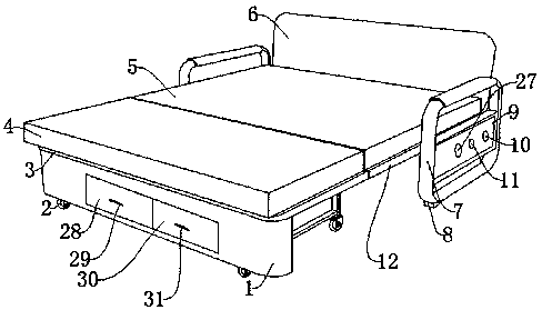 Bed with automatic storage and folding functions and use method of bed