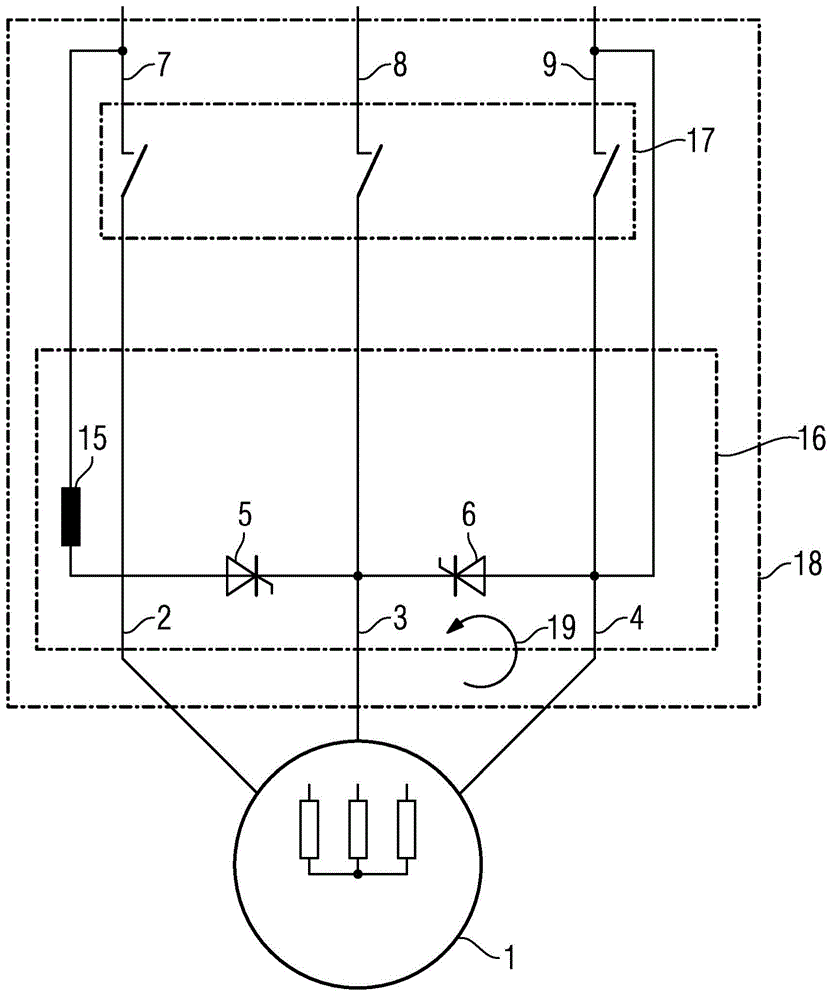 Switching device and method for ending a braking process of a three-phase AC motor