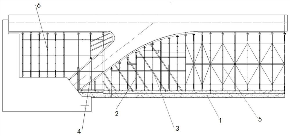 Cast-in-place oblique leg rigid frame bridge disc buckle type full framing and formwork construction method
