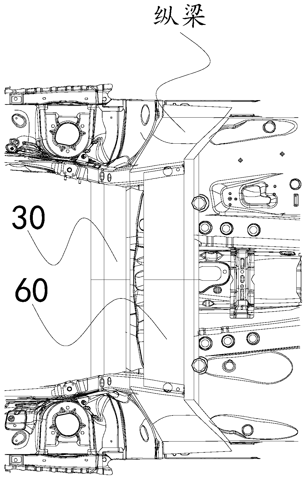 A longitudinal and horizontal beam structure under the electric vehicle body
