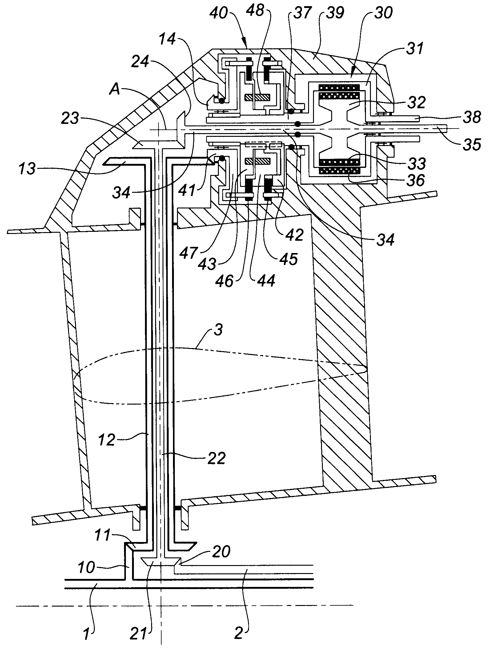 Turbine engine with an alternator and method for transmitting movement to an alternator