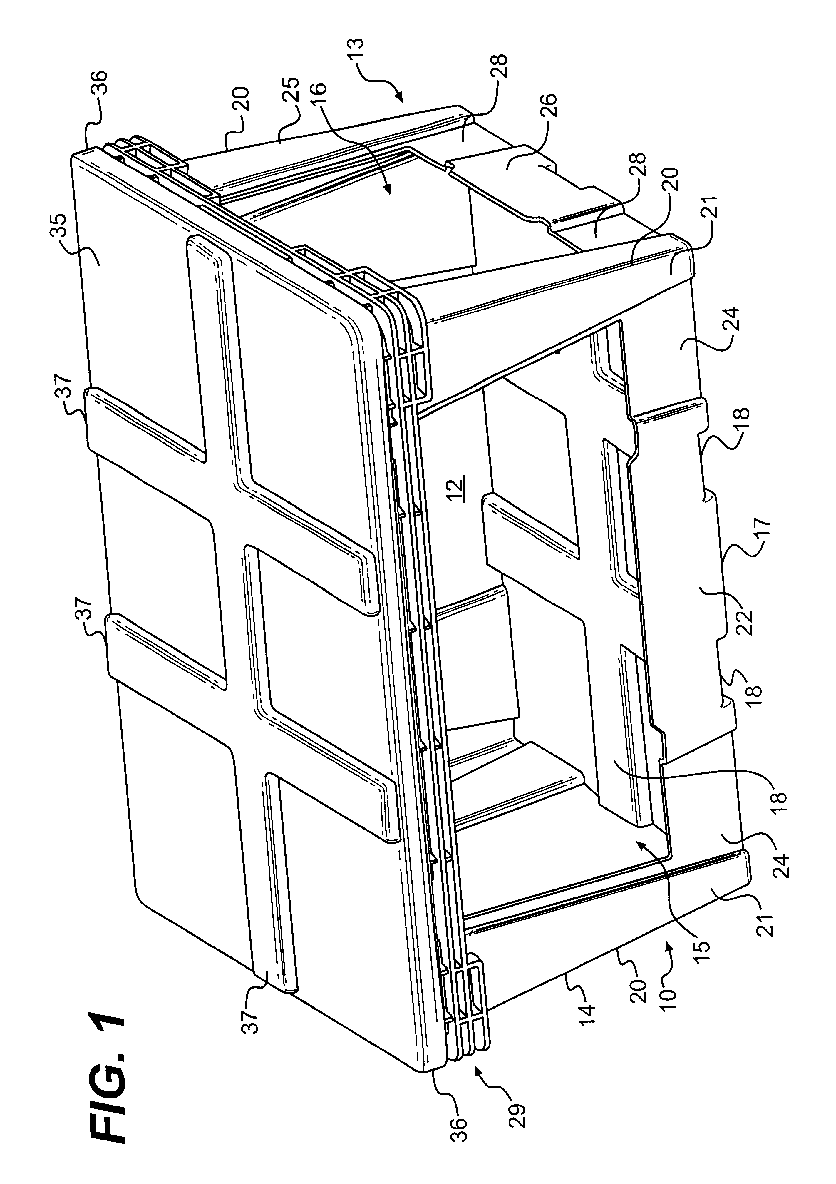 Nestable container with expendable closure panel covering access opening in container wall