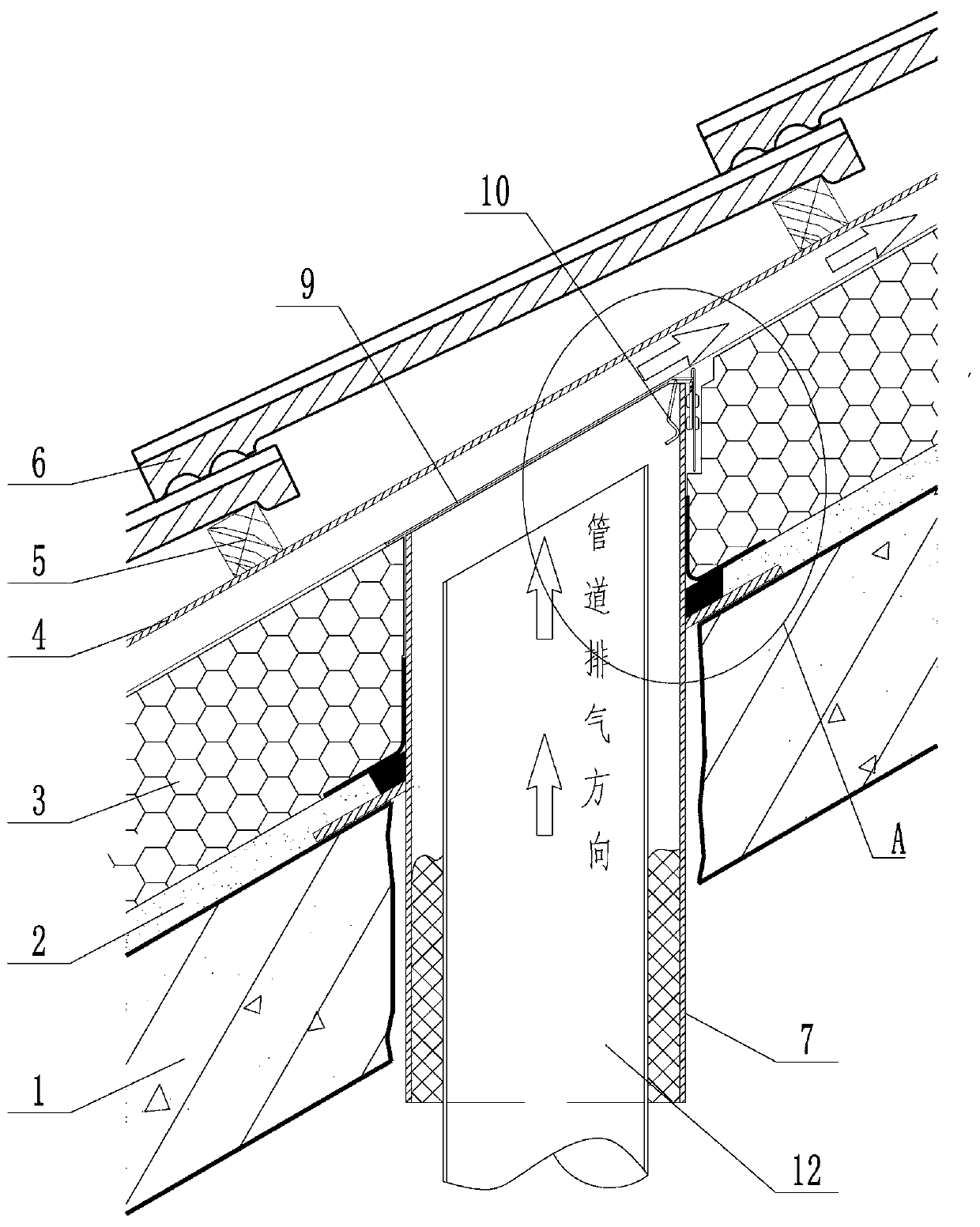 Sloping roof concealment type exit roof pipeline ventilation device and construction process