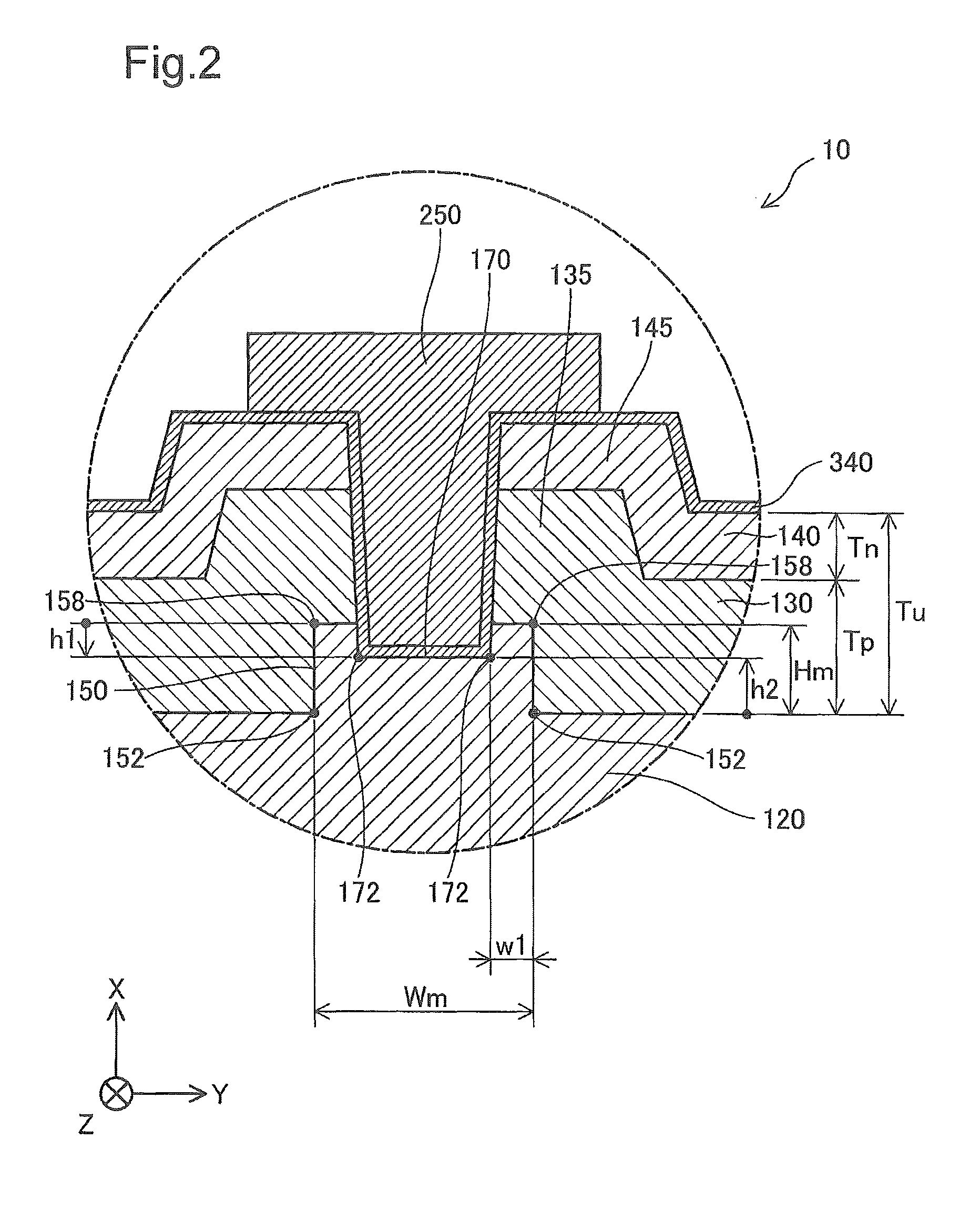 Semiconductor device including first interface and second interface as an upper surface of a convex protruded from first interface and manufacturing device thereof