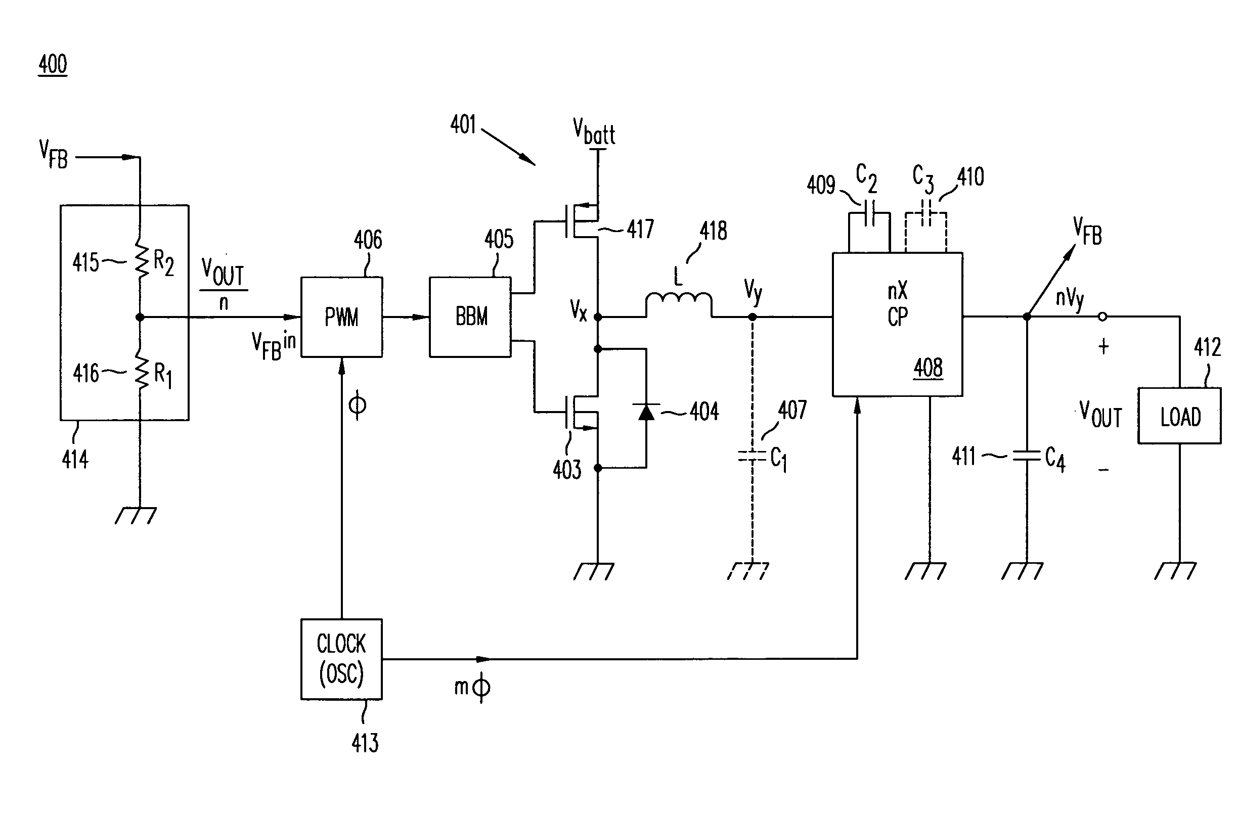 High-efficiency DC/DC voltage converter including down inductive switching pre-regulator and capacitive switching post-converter