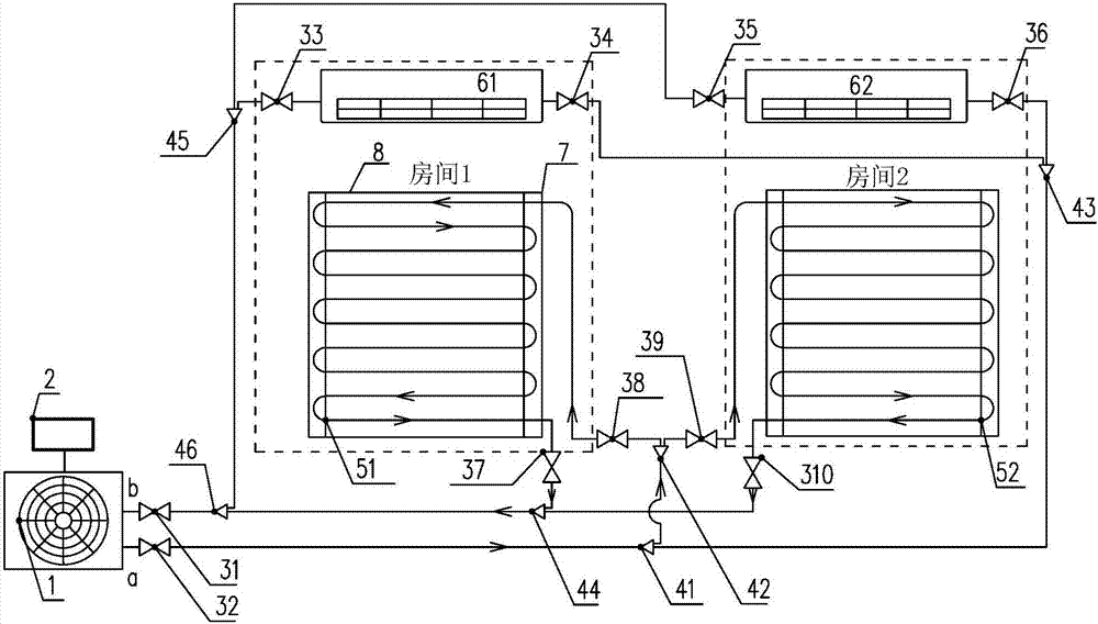 Multi-split air source double-tail-end system of wall-mounting type duplex metal radiant panels