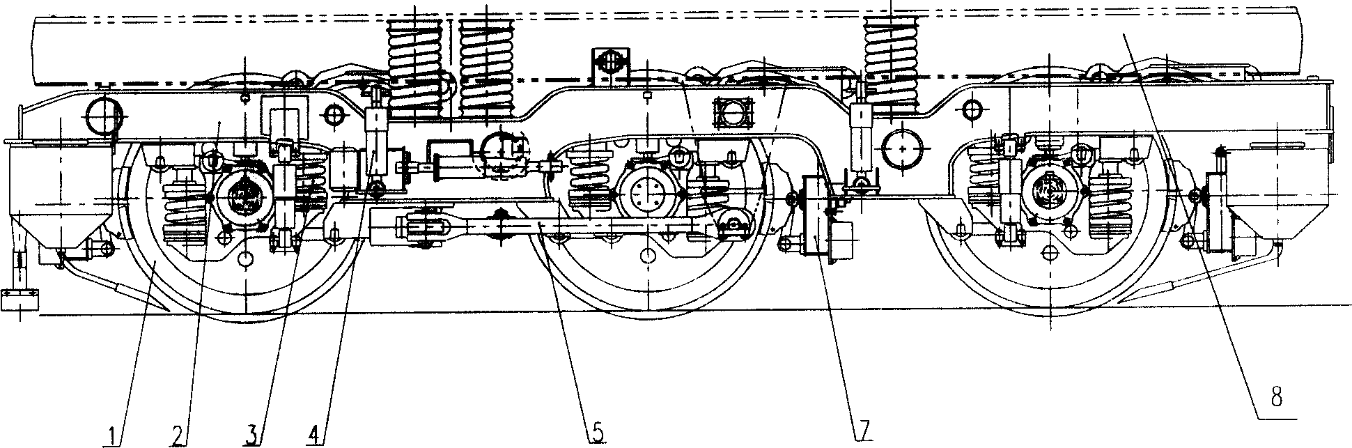 Tractive motor hanging method and bogie for three-axial locomotive