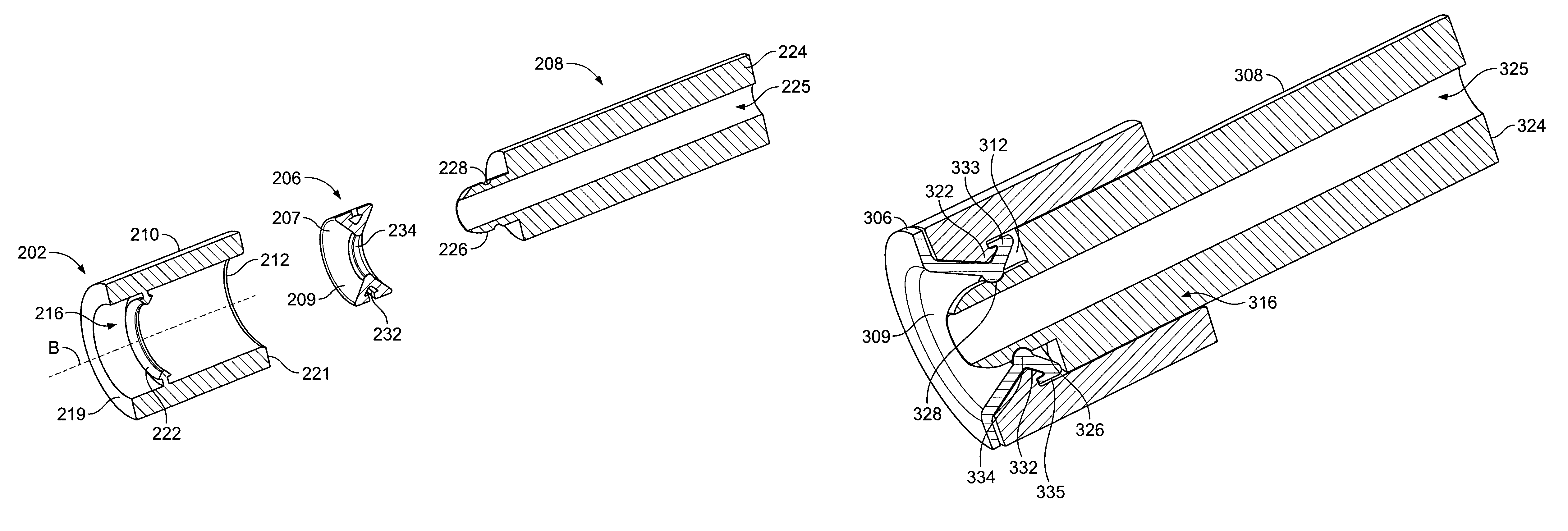 Tube connector with three part construction and latching component