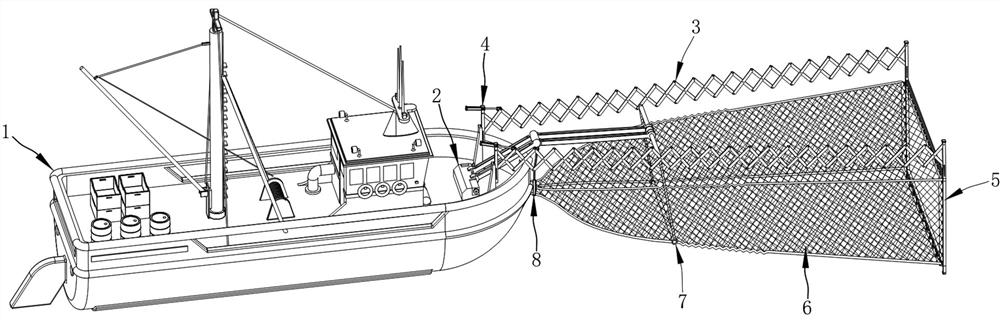Fishing boat front extension type trawl device based on water surface fishing