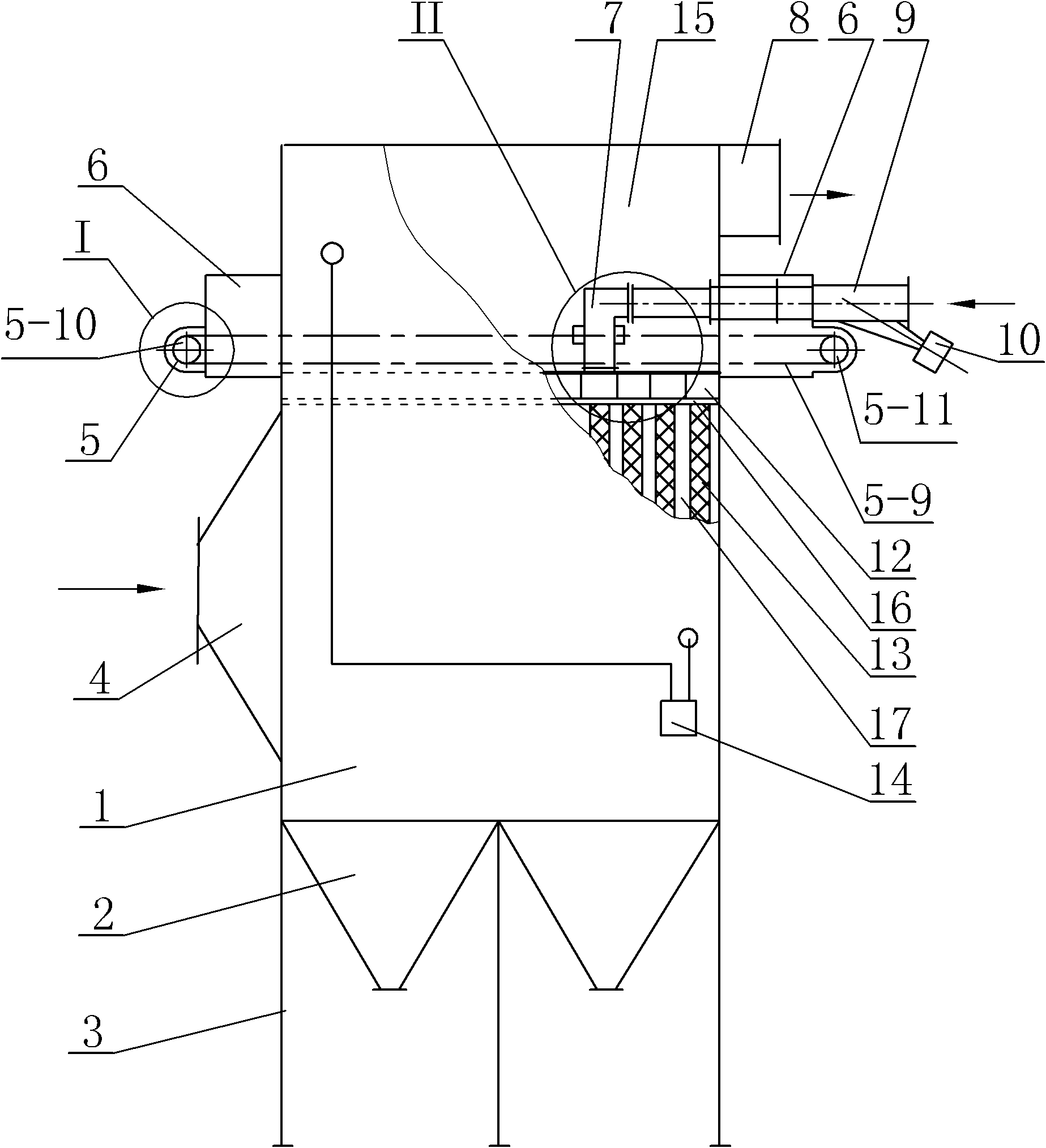 Sub-chamber back blowing bag type dust collector with reciprocating movement back blowing air port