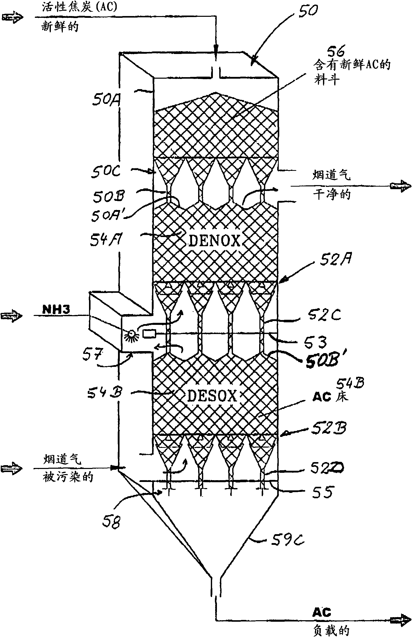 Method and device for purifying the flue gases of a sintering process of ores and/or other material-containing materials in metal production