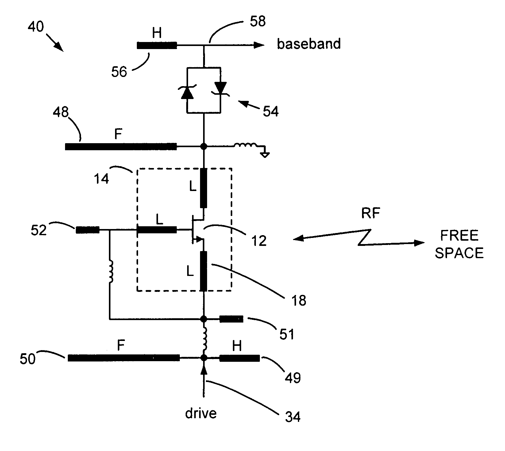 RF transceiver having a directly radiating transistor