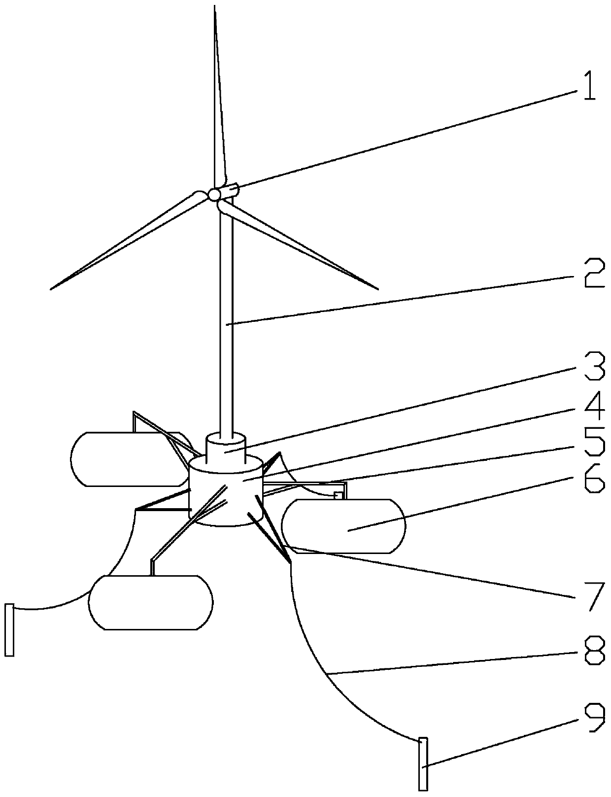 Offshore floating type wind turbine generator with energy storage device, and electric energy absorption method