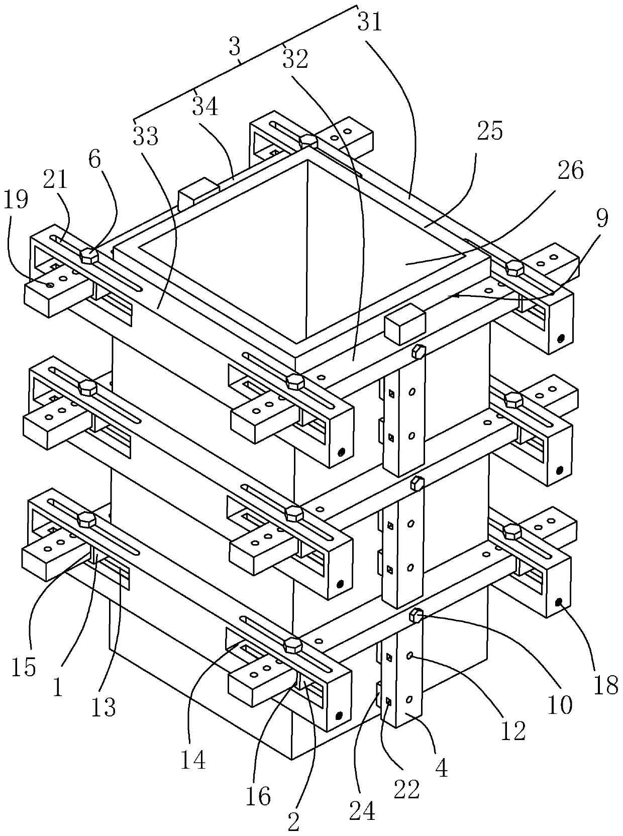Fastening system for concrete rectangular column forms and construction method of concrete columns