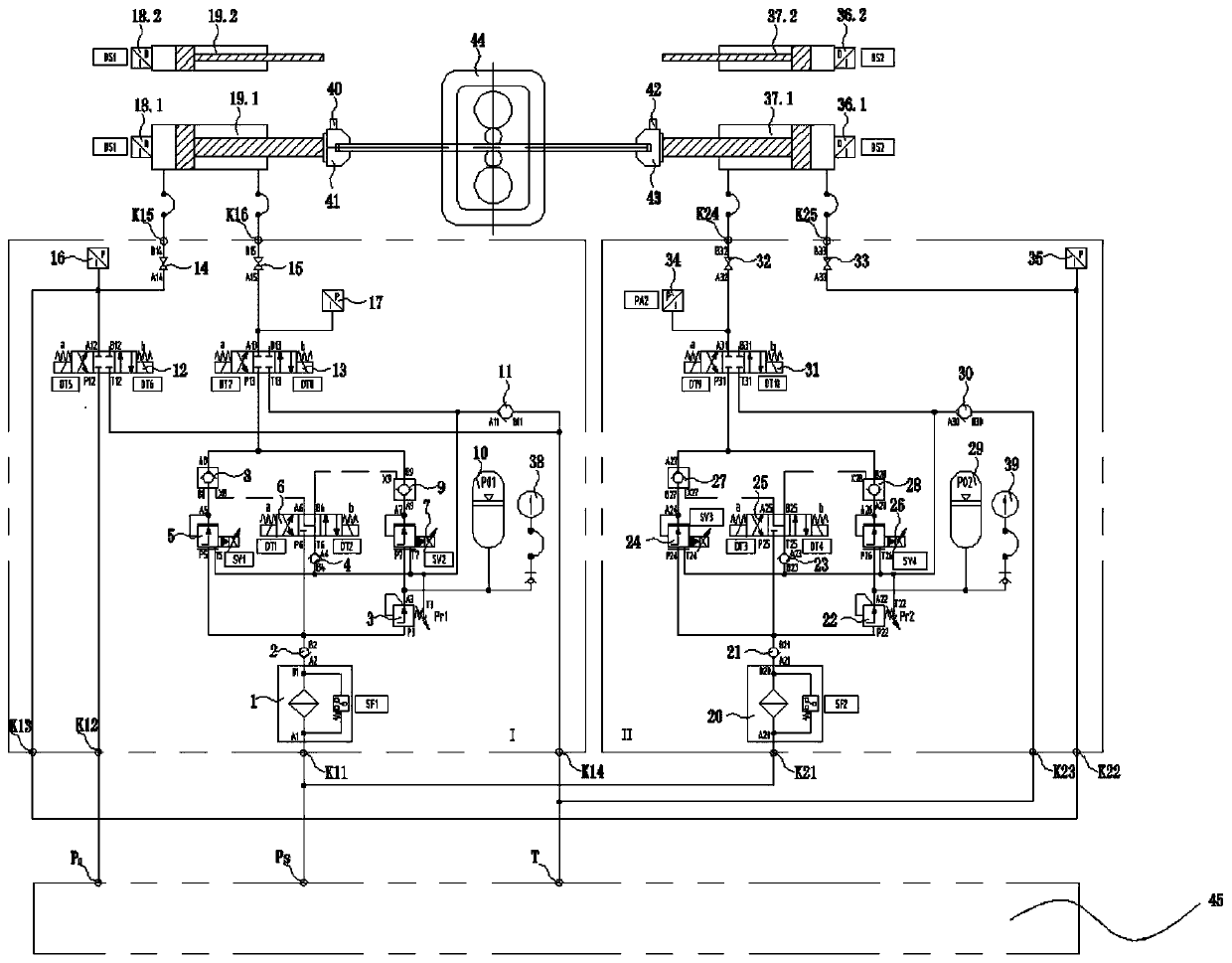 Hydraulic tension system of straight drawing cold/warm rolling experiment machine and control method thereof