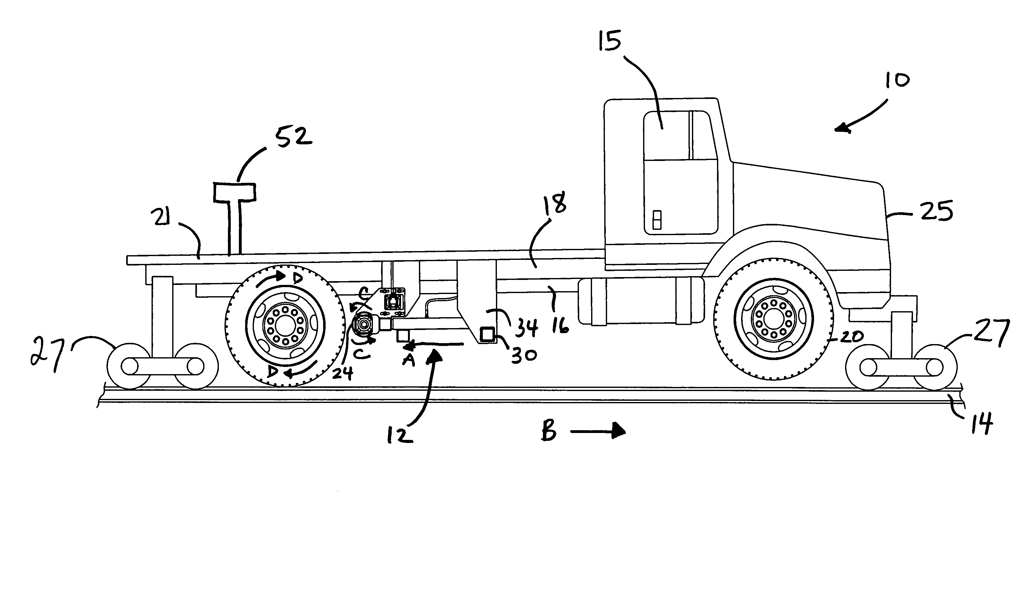 Method and apparatus for operating a vehicle on rails of a railroad track with an auxiliary drive assembly