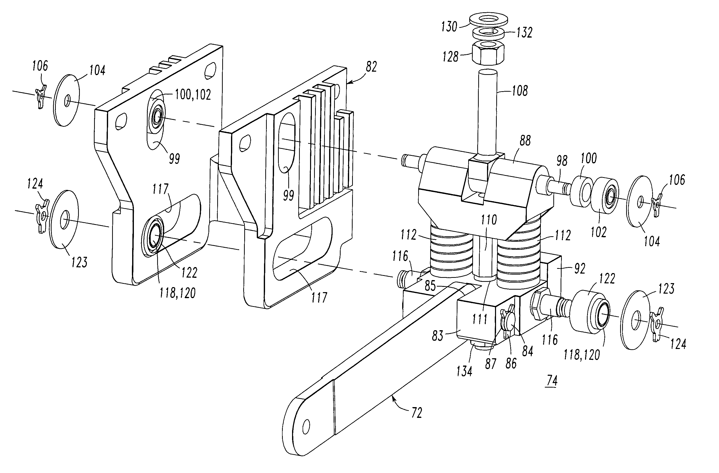 Spring-charged mechanism assembly employing two trunnion members moveable in different planes and circuit interrupter employing the same