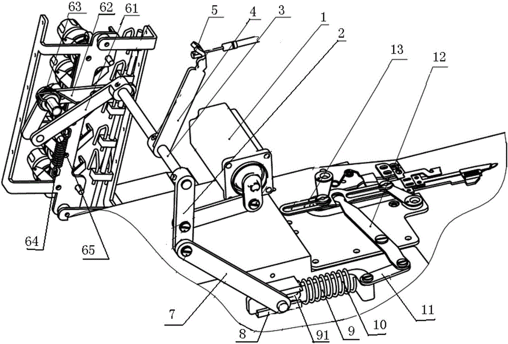 Drive mechanism integrating trimming, thread slacking, routing and presser foot lifting and sewing machine