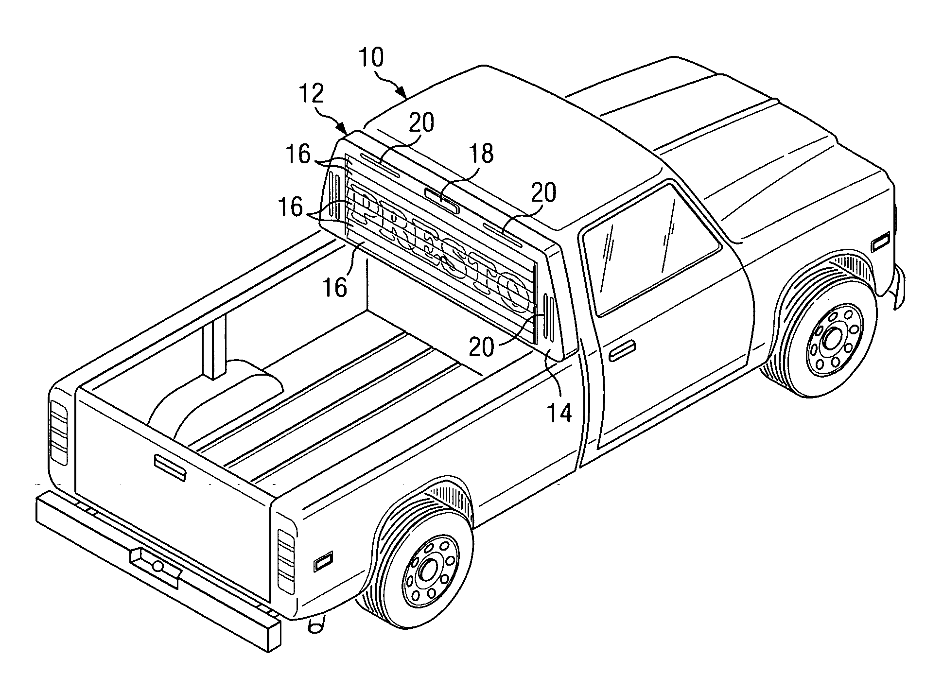 Sun screen and display system for pickup trucks and the like