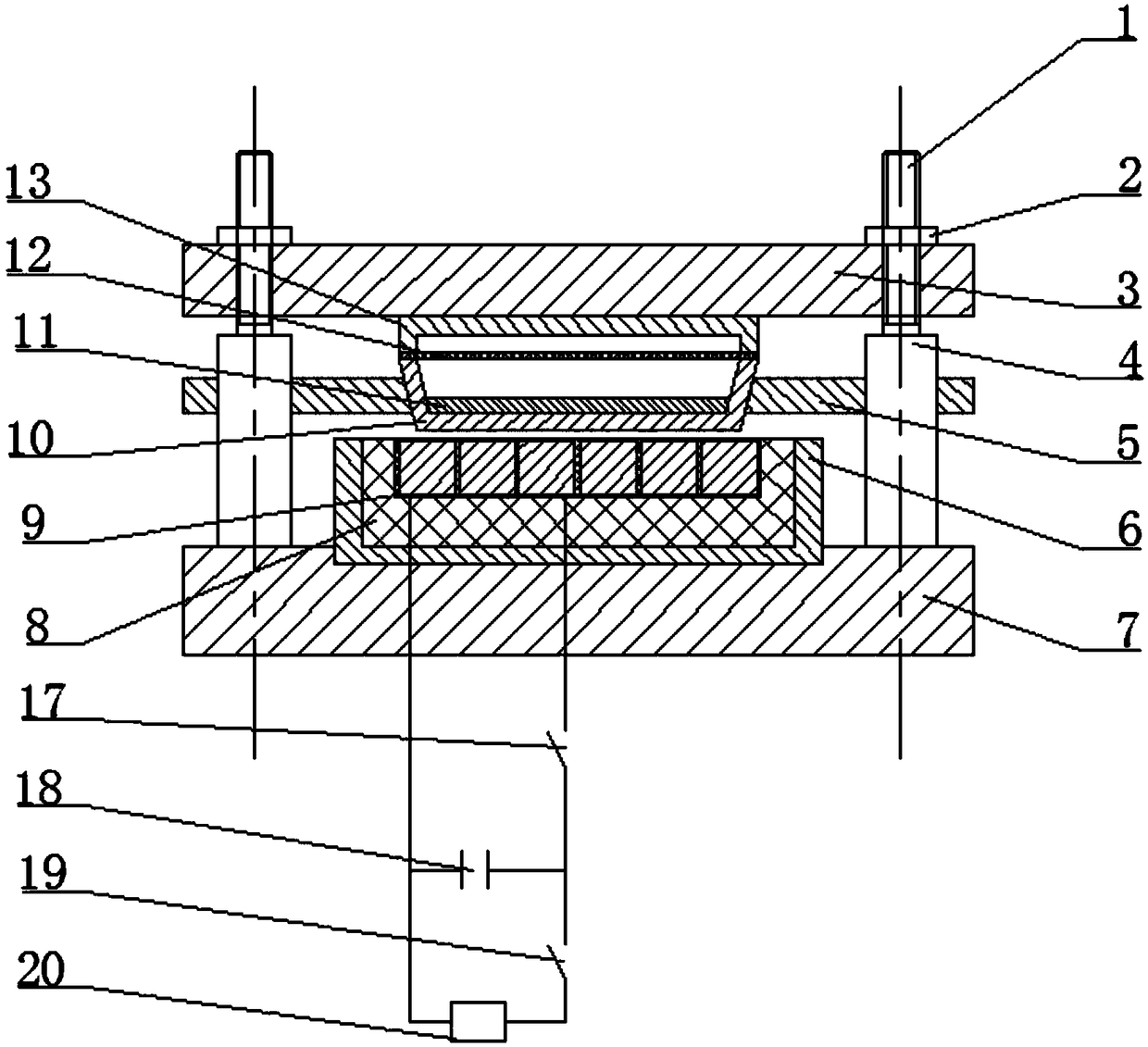 An electromagnetic forming device and a method for preparing fiber-reinforced metal matrix composites using the device