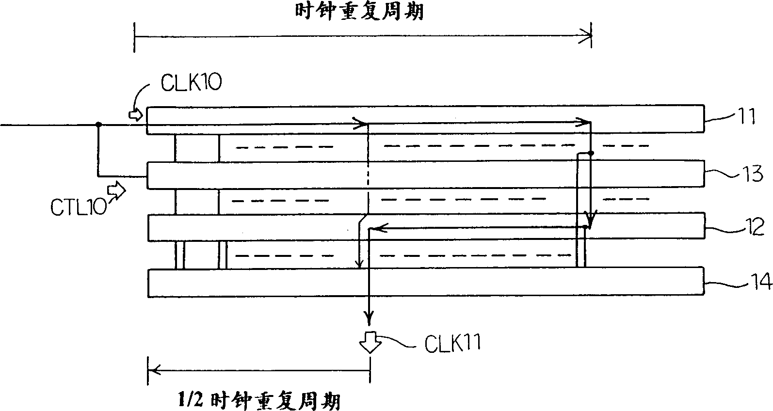 Clamp-like movement delayed circuit with output signal repeat sycle different from input signal