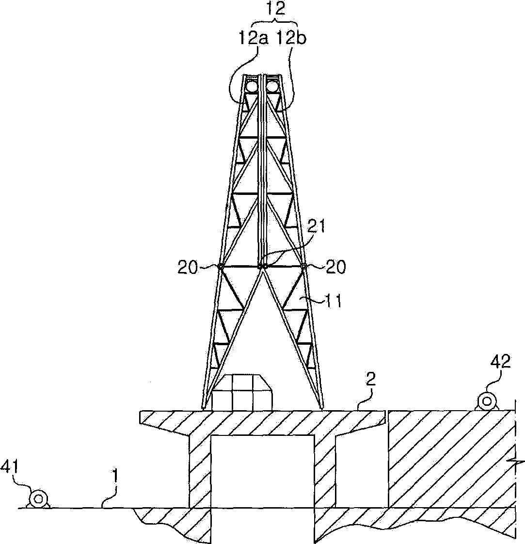 Foldable derrick structure for a ship