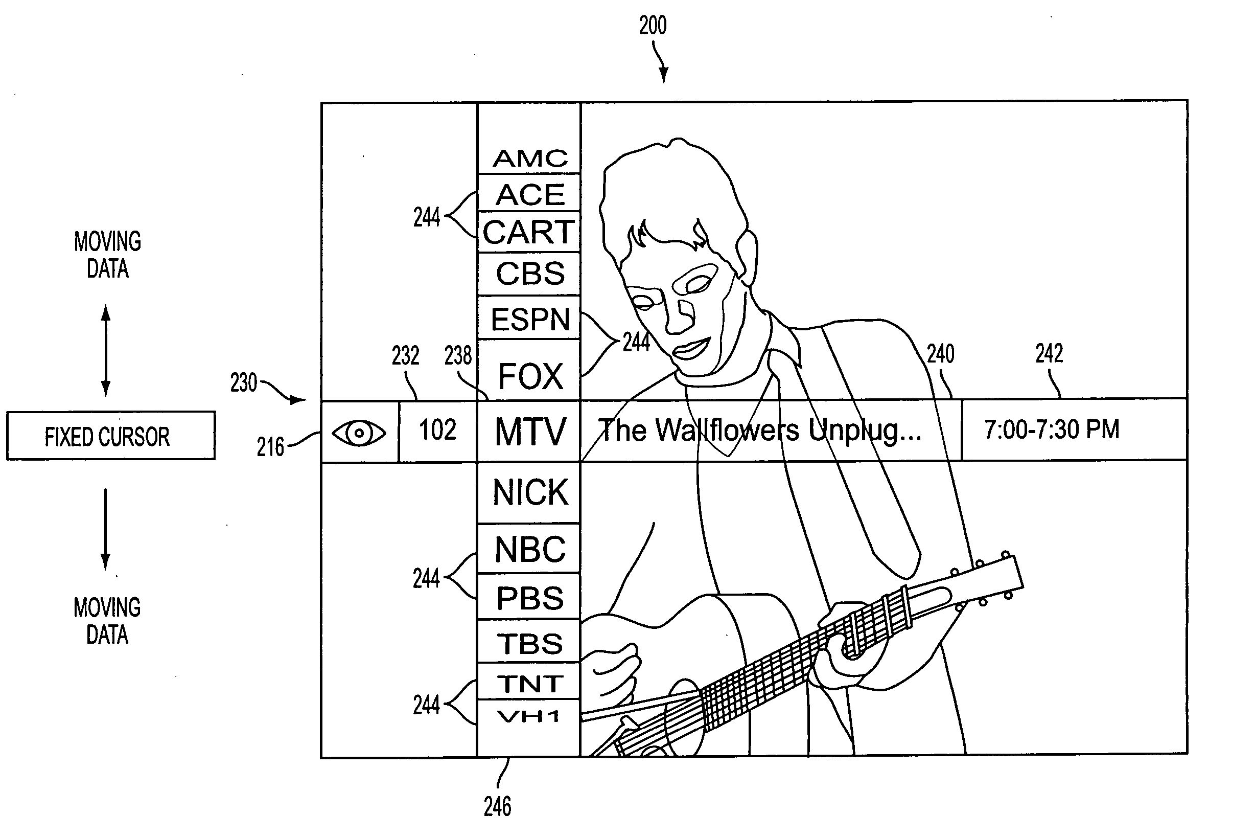 Modal display, smooth scroll graphic user interface and remote command device suitable for efficient navigation and selection of dynamic data/options presented within an audio/visual system