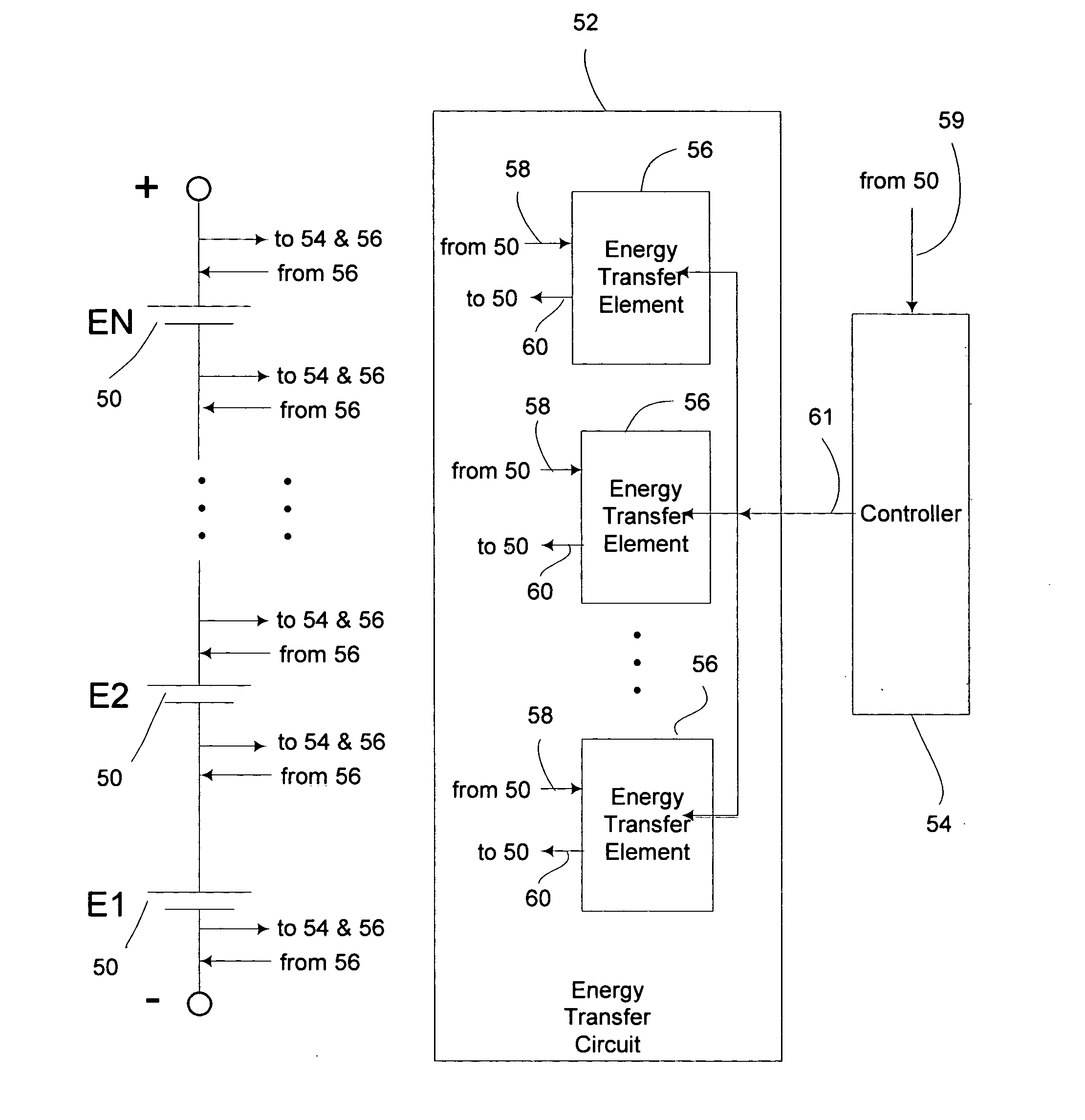 Energy transfer device for series connected energy source and storage devices