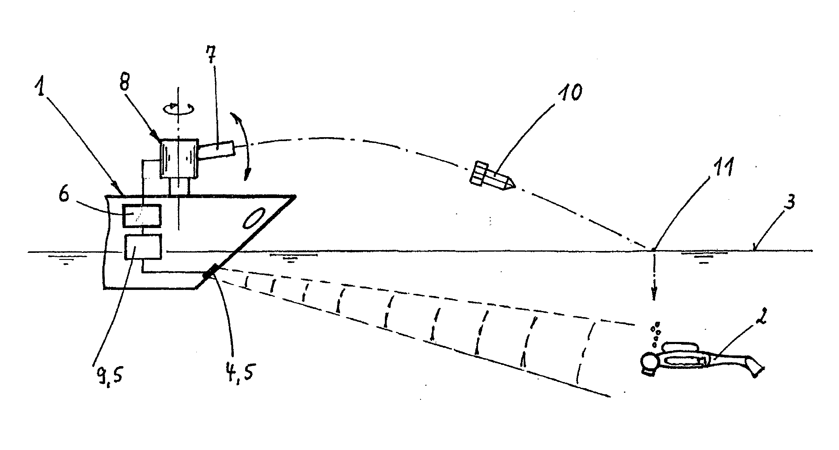 Device and method for warding off objects approaching a ship under or on water