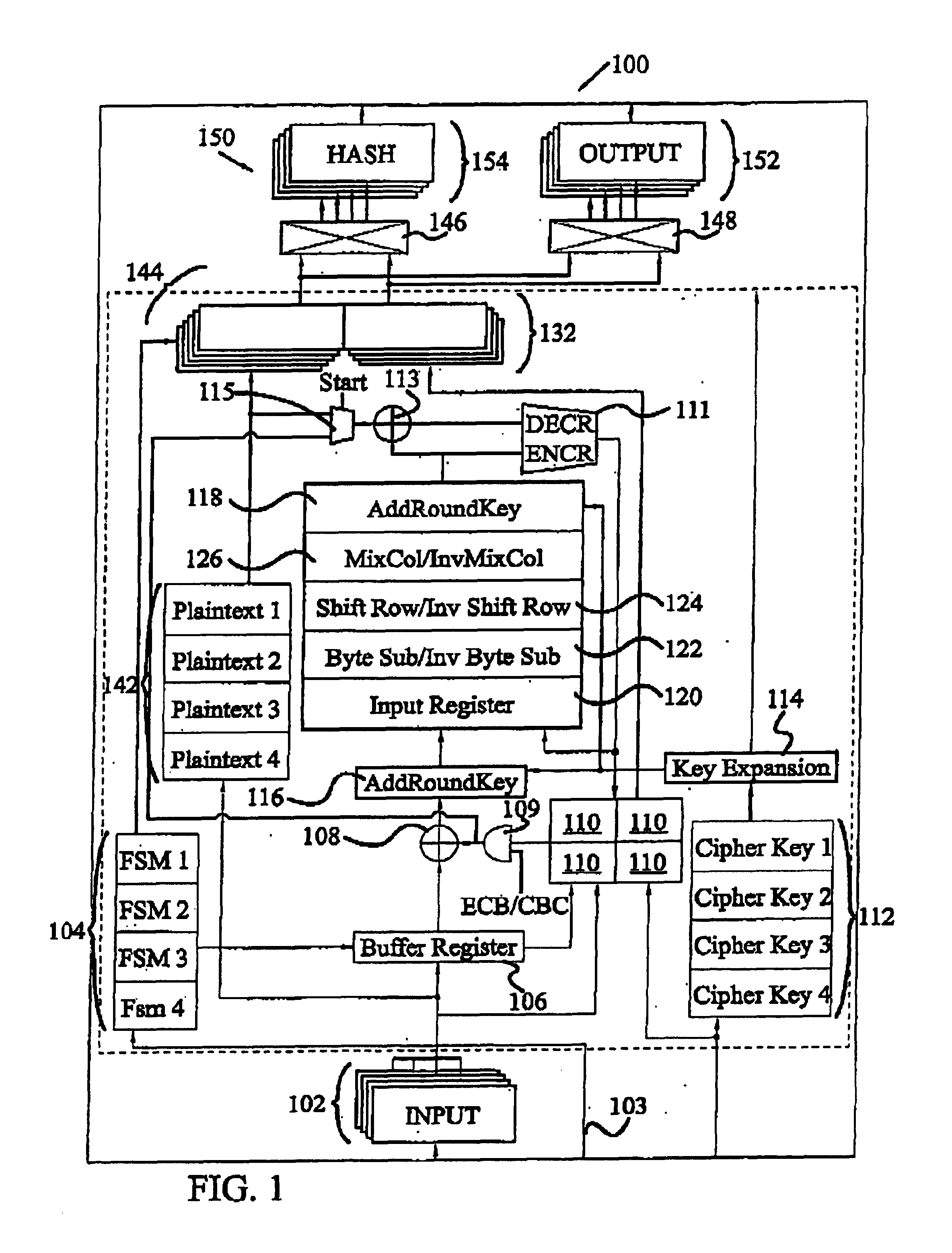 Circuit and method for implementing the advanced encryption standard block cipher algorithm in a system having a plurality of channels